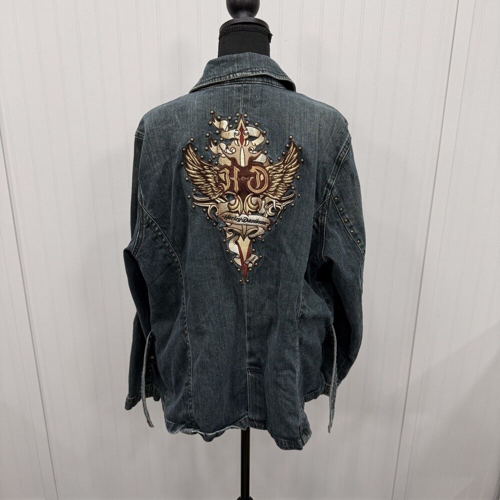 VTG Harley Davidson Women's 2W Blue Denim Embroidered Biker Motorcycle Jacket - Picture 4 of 8